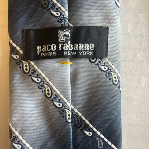 Paco Rabanne Men’s Necktie Blue Gray White Stripe Embroidered Design 56 Inch - Picture 3 of 5